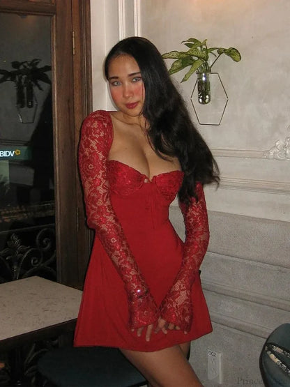 Lace Patchwork Long Sleeve Mini Dress Red / S minidress-250223