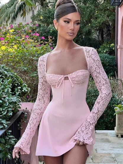 Lace Patchwork Long Sleeve Mini Dress minidress-250223
