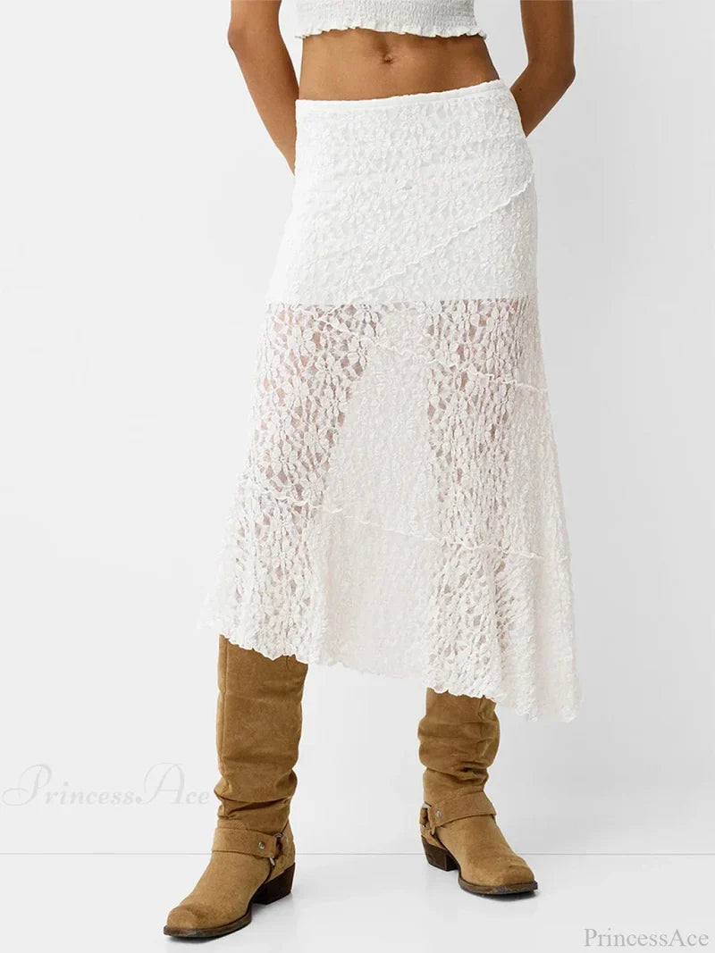 Lace Patchwork Low Waist Summer Long Skirt Casual Skirt WHITE / S skirt-250126