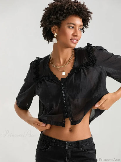 Lace Ruffle V-neck Button Casual Loose Crop Shirt croptop-250126