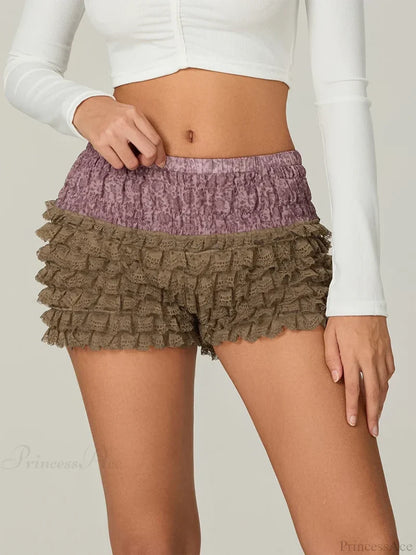 Lace Ruffled Tiered Patchwork Short Brown / S short-250223