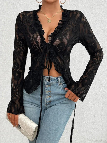 Lace See-Through Sexy Long Sleeve Blouse Black / XS blouse-250126