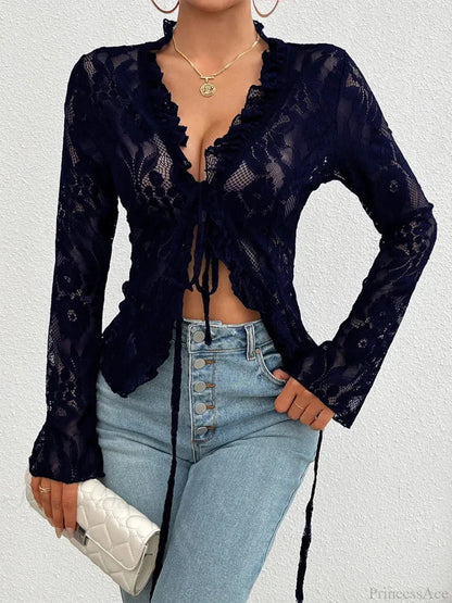 Lace See-Through Sexy Long Sleeve Blouse Navy Blue / XS blouse-250126