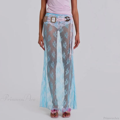 Lace Sheer Maxi Split Sexy See Through Cover Up Beach Skirt SKY BLUE / S skirt-250126