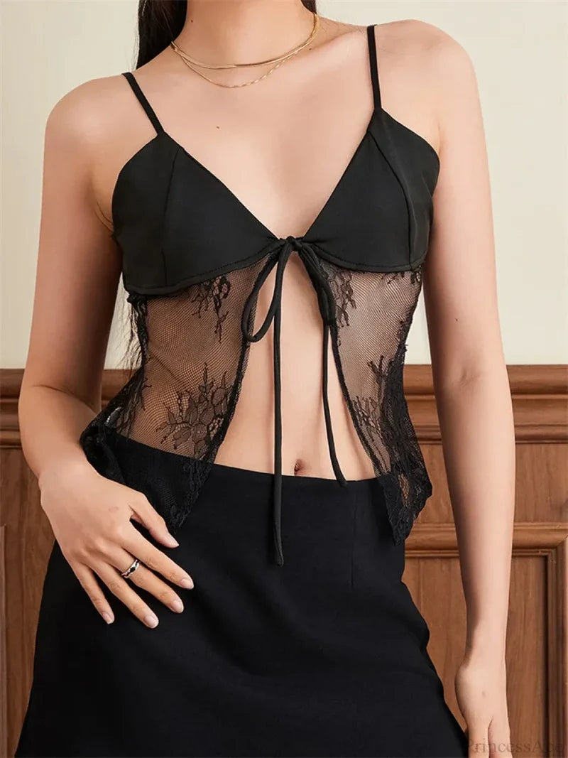 Lace Spaghetti Strap Split See-through Crop Top BLACK / S croptop-250126