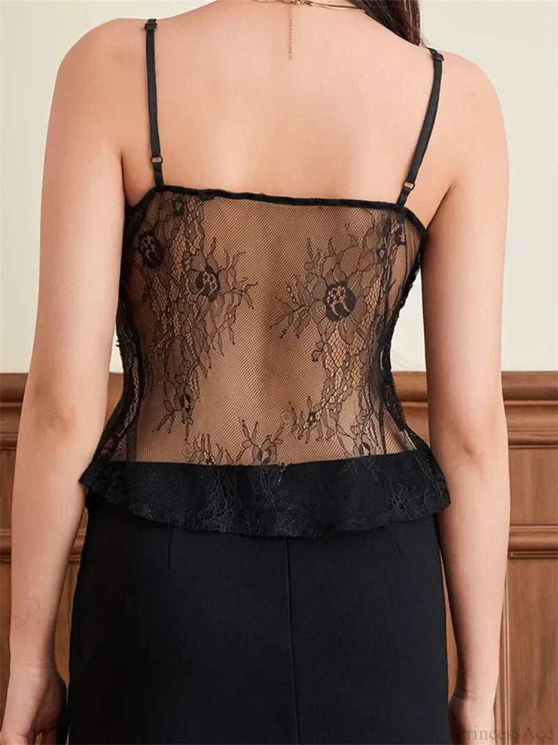 Lace Spaghetti Strap Split See-through Crop Top croptop-250126