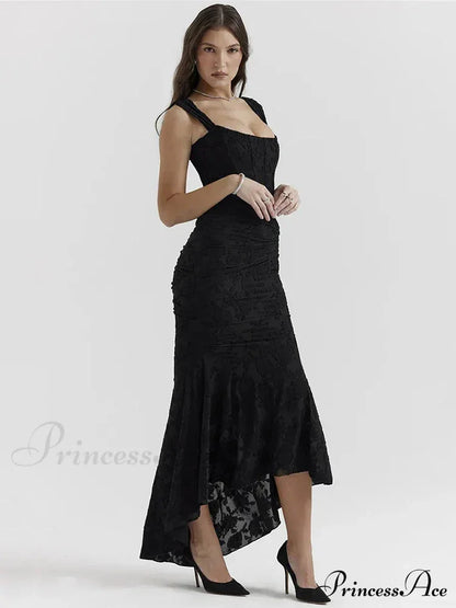 Lace Textured Strap Charming Wrap Midi Dress Pleated Maxi