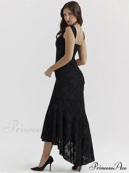 Lace Textured Strap Charming Wrap Midi Dress Pleated Maxi
