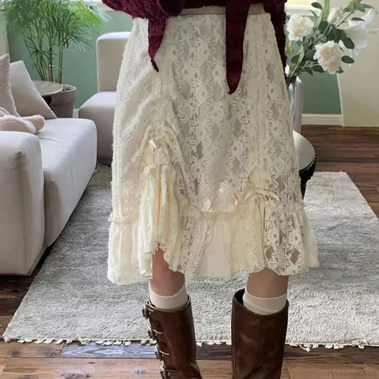Lace Transparent Vintage Drawstring Bandage Skirt white / S skirt-250126