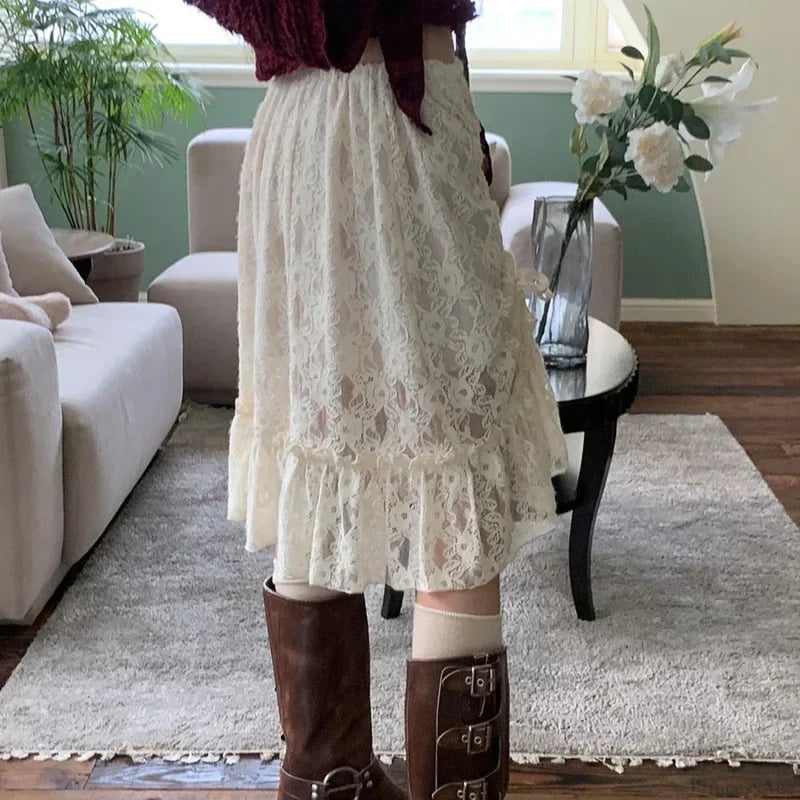 Lace Transparent Vintage Drawstring Bandage Skirt skirt-250126