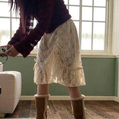 Lace Transparent Vintage Drawstring Bandage Skirt skirt-250126