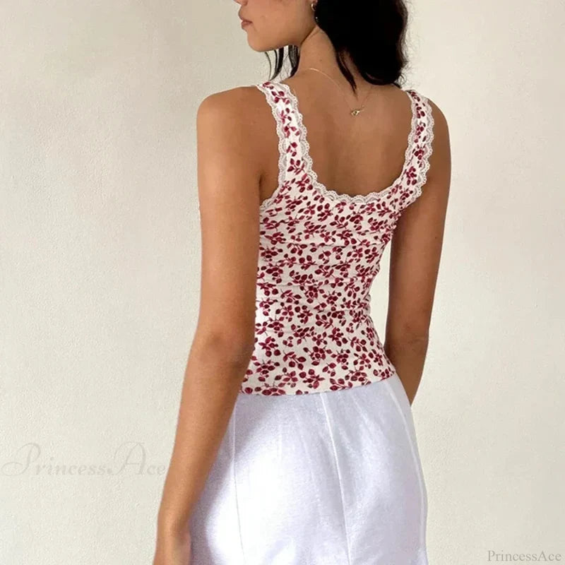 Lace Trim Slim Fit Y2K Summer Floral Sleeveless Casual Basic Crop Top croptop-250126