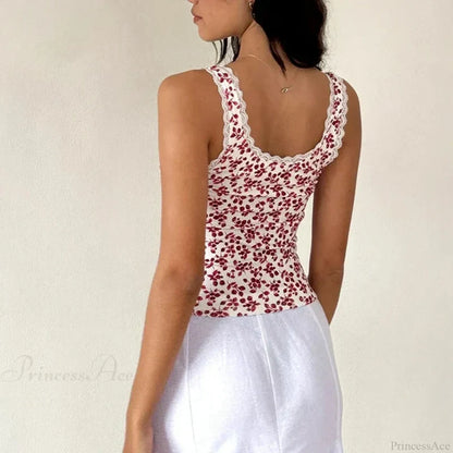 Lace Trim Slim Fit Y2K Summer Floral Sleeveless Casual Basic Crop Top croptop-250126