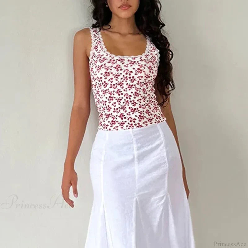 Lace Trim Slim Fit Y2K Summer Floral Sleeveless Casual Basic Crop Top croptop-250126