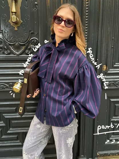 Lace Up Collision Striped Round Neck Blouse blouse-250223