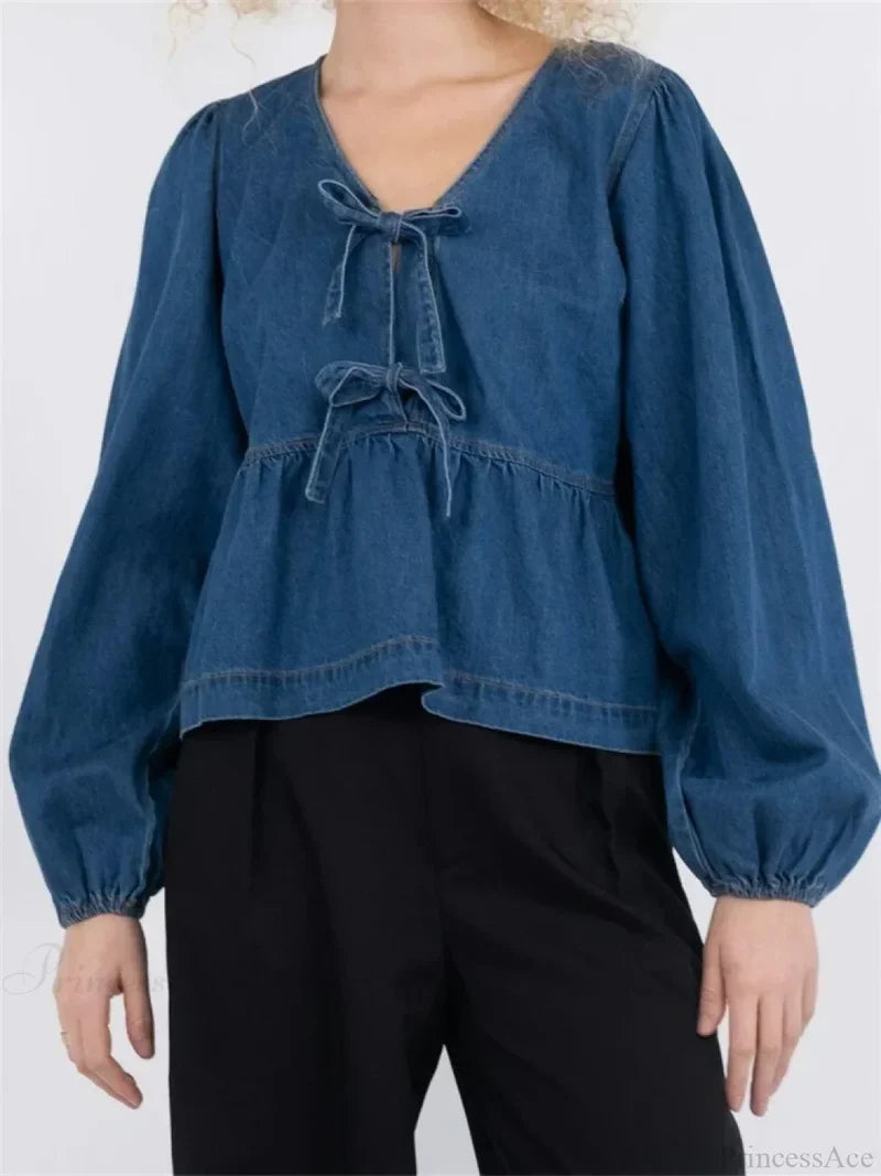 Lace-Up Denim V-neck Blouse blouse-250223
