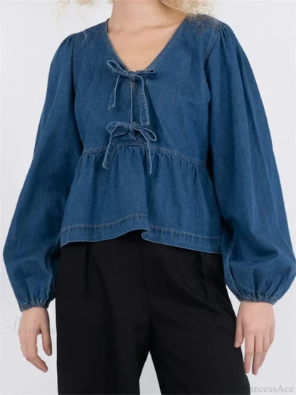Lace-Up Denim V-neck Blouse blouse-250223