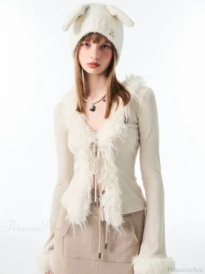 Lace Up Plush V-neck Cardigan White TOPS / S
