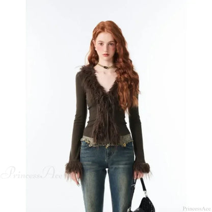 Lace Up Plush V-neck Cardigan Black brown TOPS / S