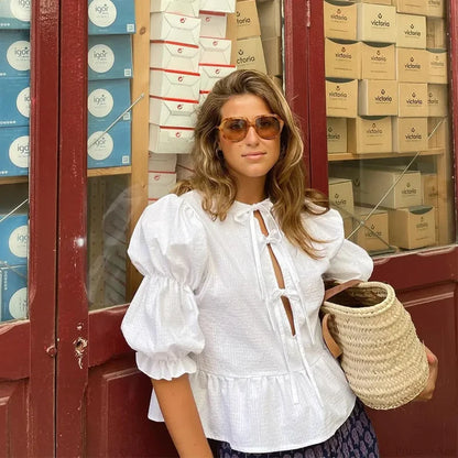 Lace-Up Tie-Up Puff Sleeve Midi Blouse White / S blouse-250223