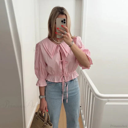 Lace-Up Tie-Up Puff Sleeve Midi Blouse pink a / S blouse-250223