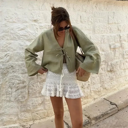 Lace-Up V-neck Loose Casual Long Sleeve Blouse Green / S blouse-250126