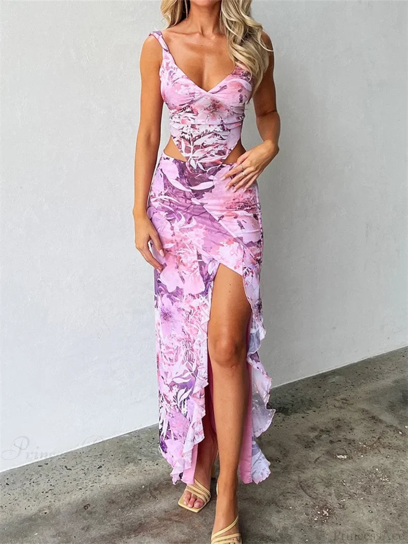 Lace V-neck Backless Camis Top High Split Skirt Summer Set Pink / S skirt-250126
