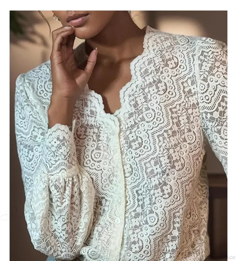Lace V-Neck Floral Vintage Elegant Long Sleeve Boho Blouse APRICOT / S bohoblouse-250126