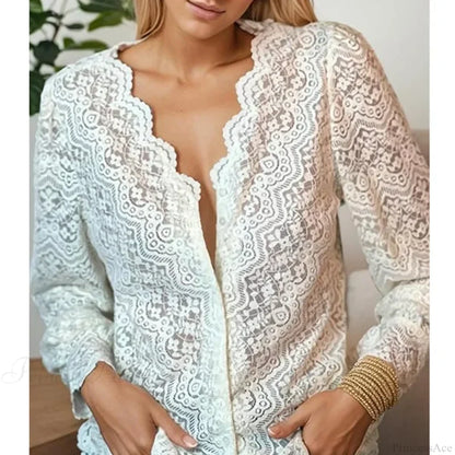 Lace V-Neck Floral Vintage Elegant Long Sleeve Boho Blouse bohoblouse-250126