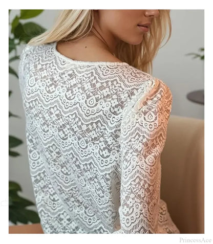 Lace V-Neck Floral Vintage Elegant Long Sleeve Boho Blouse bohoblouse-250126