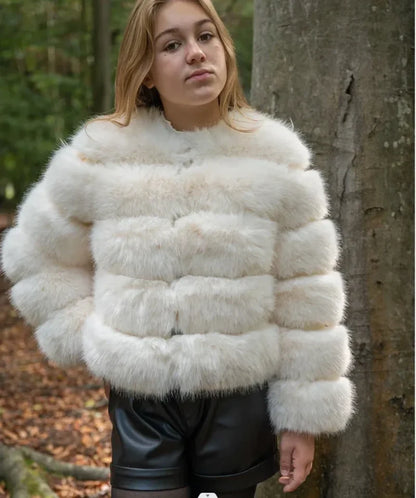 Ladies Fox Fur European Street Coat Beige / S bust 95cm