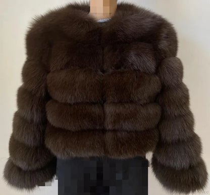 Ladies Fox Fur European Street Coat Chocolate / S bust 95cm