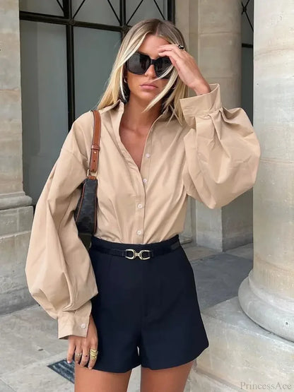 Lantern Sleeve Button Collar Blouse Khaki / S blouse-250223