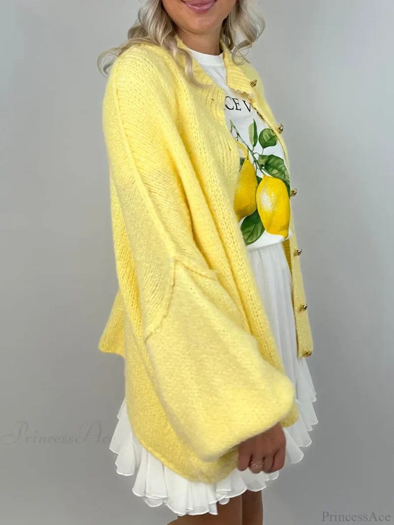 Lantern Sleeve Stand Collar Cardigan
