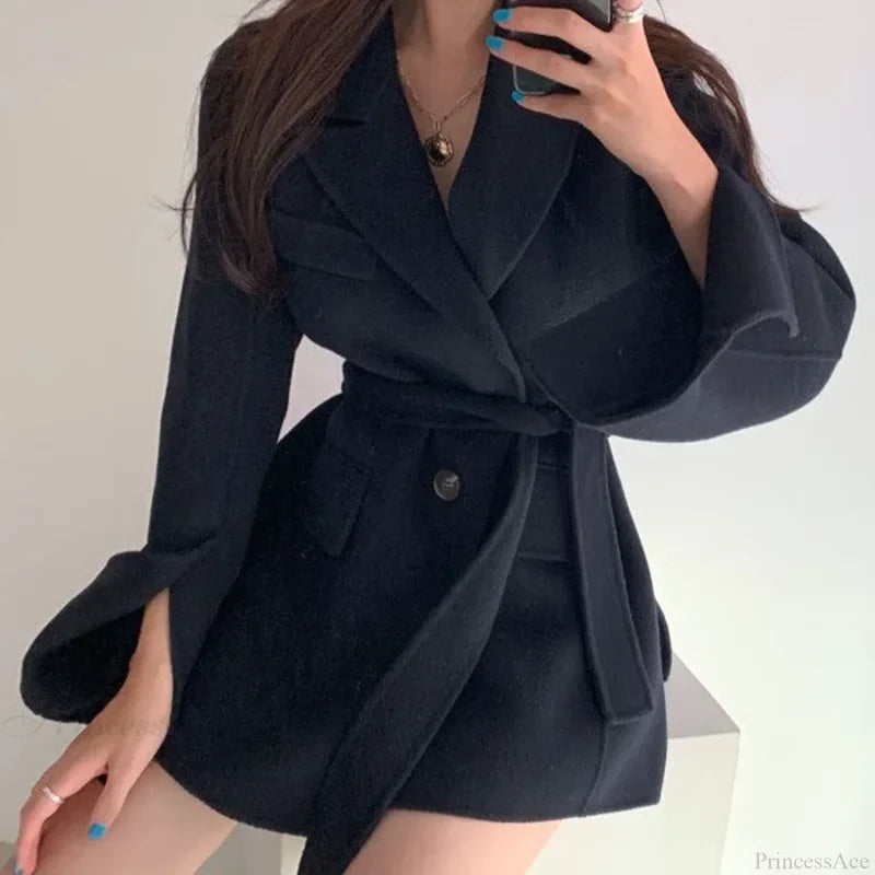 Lapel Belted Spliced Pockets Overcoat Black / One Size