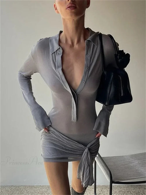 Lapel Pleated See-Through Mini Dress GRAY / S minidress-250223