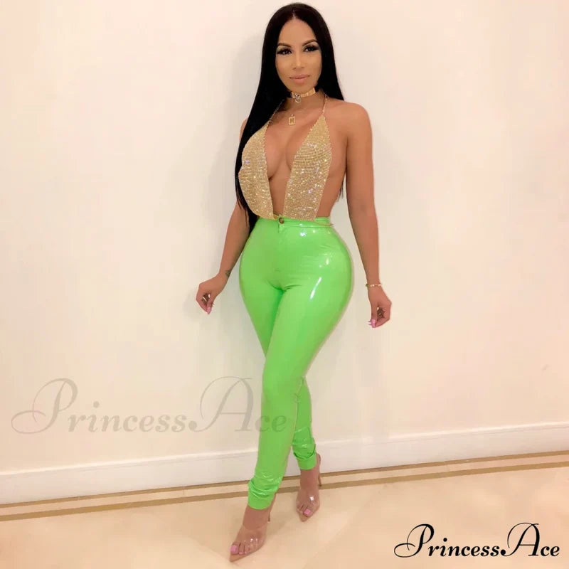 Latex Faux Pu Leather Pants Trousers Army Green / S