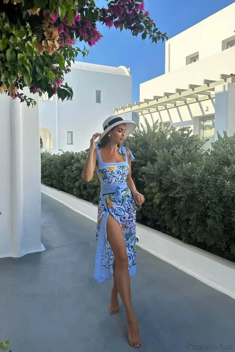 Lemon Floral Sling Sarong Two Piece Set Blue2 / S