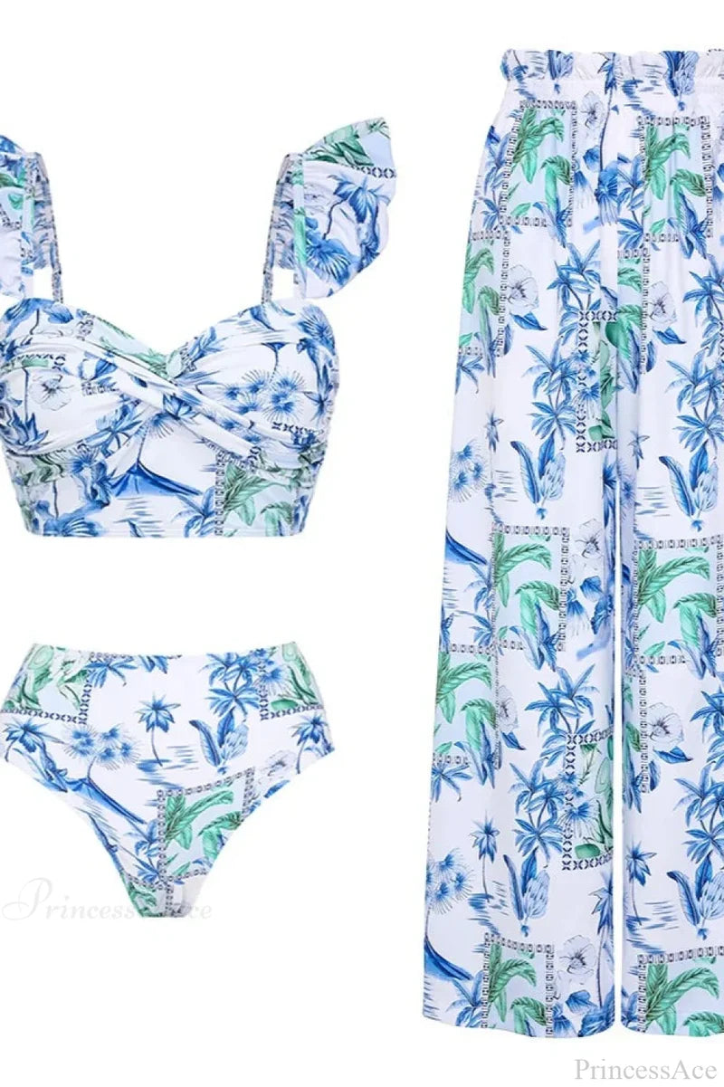 Lemon Floral Sling Sarong Two Piece Set Blue3 / S