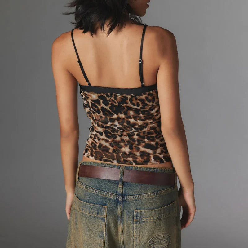 Leopand Mesh Spaghetti Crop Top
