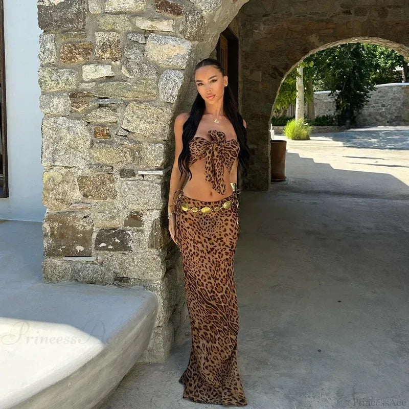 Leopard Bow Skirt Three Piece Swimsuit brown / S