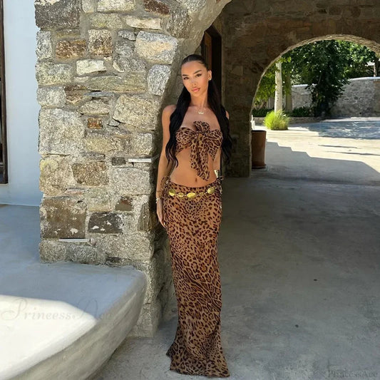 Leopard Bow Skirt Three Piece Swimsuit brown / S