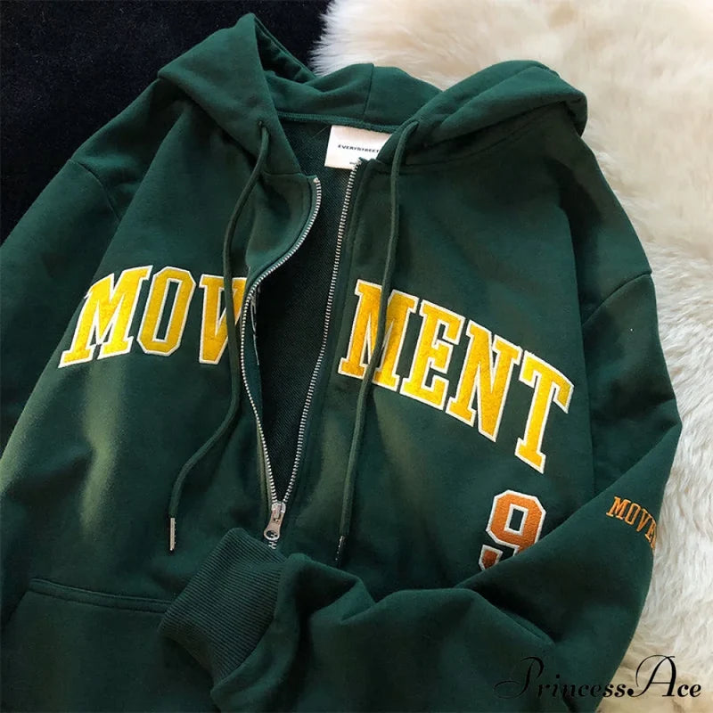 Letter Print Vintage Zip Up Oversize Jacket Green / S