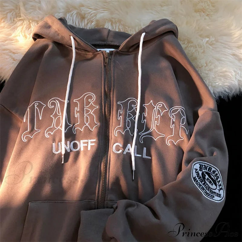Letter Print Vintage Zip Up Oversize Jacket Coffee / S