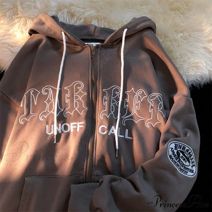 Letter Print Vintage Zip Up Oversize Jacket Coffee / S