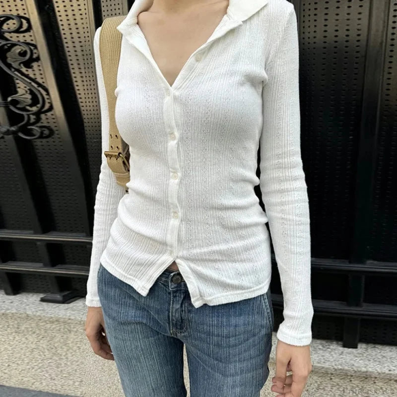 Lightweight Knitted Cardigan Solid Color Button-down Knit Top knittop-250126