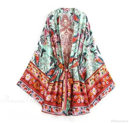 Long Boho Kaftan Rayon Floral Print Bikini Cover Up Dark Green / S bohocoverup-250126