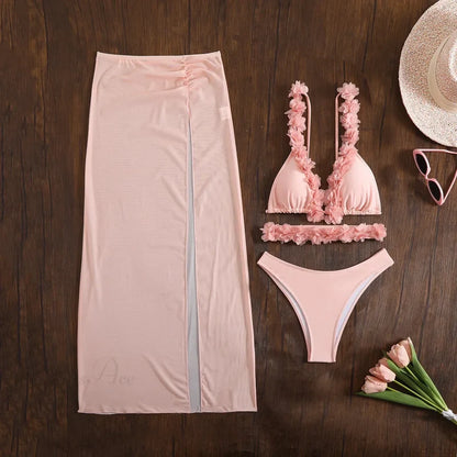 Long Dress Cover Up Bikini Three Piece Swimsuit pink set 3 / S
