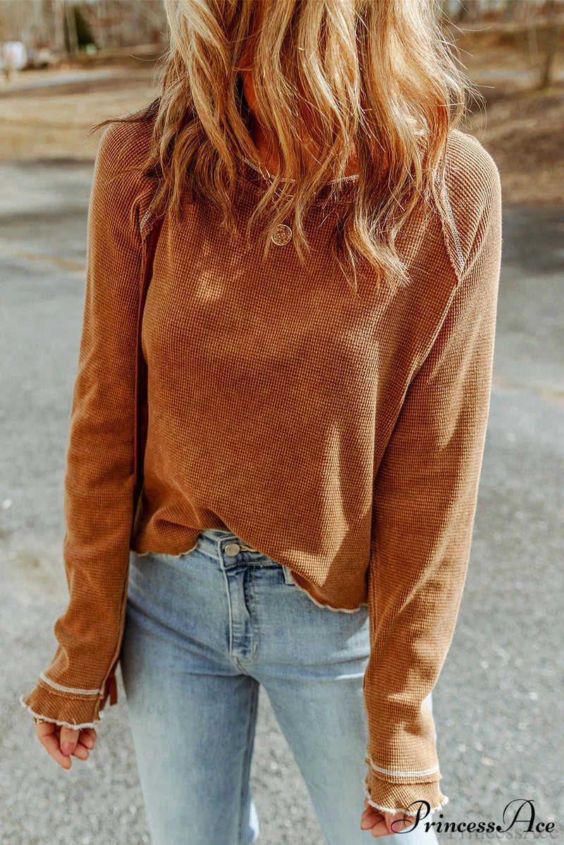 Brown Textured Round Neck Long Sleeve Top Brown 95%Polyester+5%Elastane clothes DL Chic DL Exclusive Early Fall Collection Fabric Waffle Knit long sleeve long sleeve shirts long sleeve top Occasion Daily Print Solid Color Season Winter Style Casual tops
