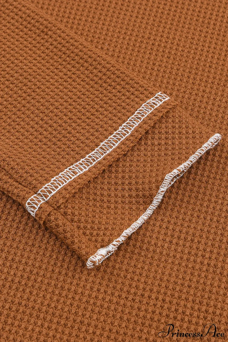 Long Round Arm Neck Brown Textured Top Tops